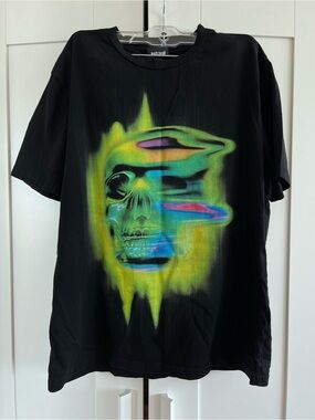 Just Cavalli Black Short-Sleeve Tee with Neon Skull Graphic, size xs